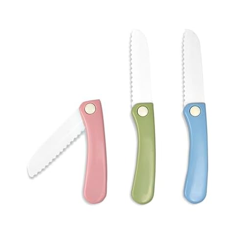 jawbush 7" Plastic Folding Paring Knife, Foldable Nylon Knives with Serrated Edges for Kids or Adults, Pocket Knife for Peeling or Dicing Fruits Veggies or Cakes, Great for Camping or Picnics, 3 Pack Cover