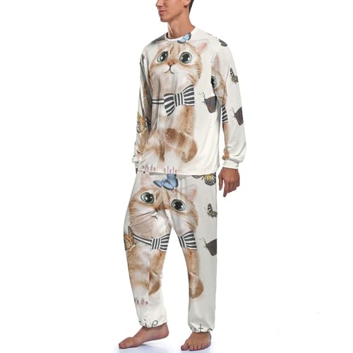 Pyjama Homme Chat Papillon Ensemble de Nuit Pantalon et Manche Longue - 2