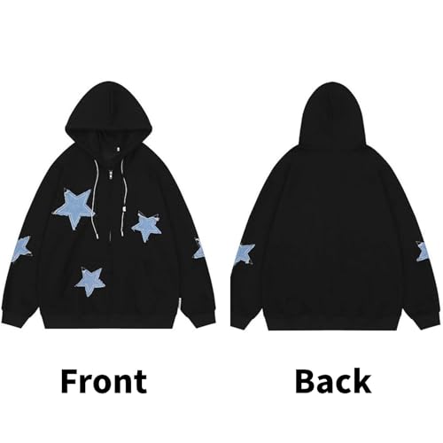 Image of BAIMORE Unisex Vintage Blue Star Patch Drawstring Zipper Hoodie Loose Casual Couple Jacket