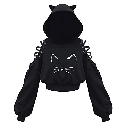 Women's Crop Top Sweatshirt Hoodies with Cute Cat Ear Hooded Shirts Long Sleeve Gothic Lace Up Cold Shoulder Shirts Women's Crop Top Sweatshirt Hoodies with Cute Cat Ear Hooded Shirts Long Sleeve Gothic Lace Up Cold Shoulder Shirts