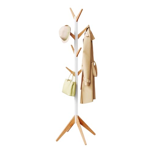 WOLTU Perchero Madera de Pie Tipo de Árbol para Colgar Ropa con 8 Ganchos en 4 Niveles Altura de 180 cm, Color Blanco + Naturaleza