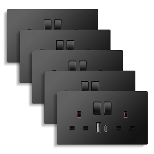 CNBINGO Double Switched Socket with 20W PD USB C and A Fast Charging Ports, Electric Power Socket 2 Gang 13 Amp, Wall Outlet Black PC Panel, 5 Pack