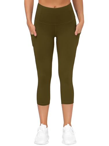 Image of THE GYM PEOPLE Thick High Waist Capris Yoga Pants with Pockets, Tummy Control Workout Running Yoga Leggings for Women