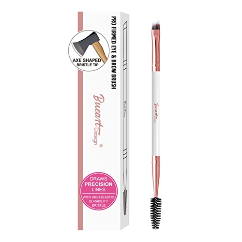 Bueart Design PRECISION ULTRA THIN Duo Angled Eyebrow Brush with Spoolie Eyelash Brush Professional Slanted Flat Angle Double Ended Eyeliner Brush and Spiral Mascara Brush (White & Rose Gold)