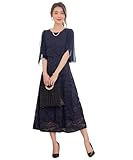 [DRESS+] ドレスプラス パーティードレス フォーマルワンピース レース 長袖 七分袖 チューリップスリーブ シフォン 総レース フレア レディース L ネイビー