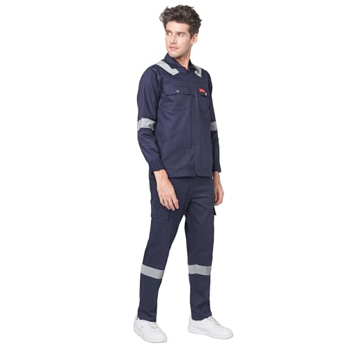 Image of Men's 100% Cotton Industrial Workwear Jacket & Pant Set with Reflective Tape, OEKOTEX, 200 GSM.