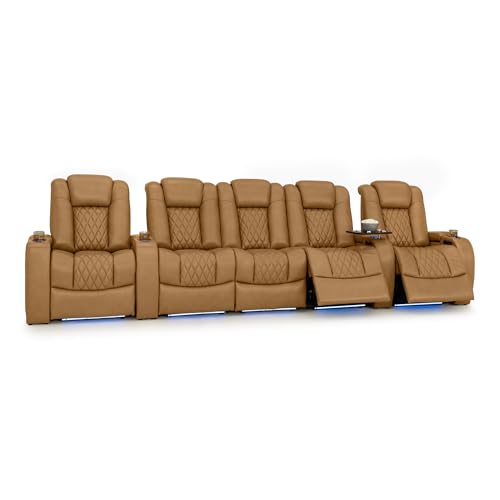 Image of Seatcraft Diamante Tan Oak Italian Leather Home Theater Seating, Zero Gravity Power Recliner Gaming and Home Office Chair, Powered Headrest Lounge Sofa Furniture for Cinema Room, Row of 5 Middle Sofa