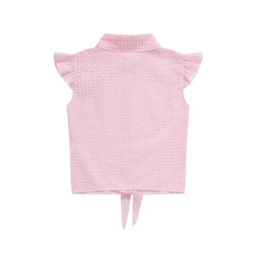 Girls Sleeveless Button Down Shirt Plaid Crop Tank Tops Summer Tie Knot Ruffle Sleeve Shirts Blouses2