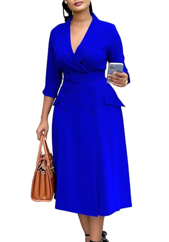 Women's Double Breasted Blazer Dress Lapel V Neck 3/4 Sleeve Work