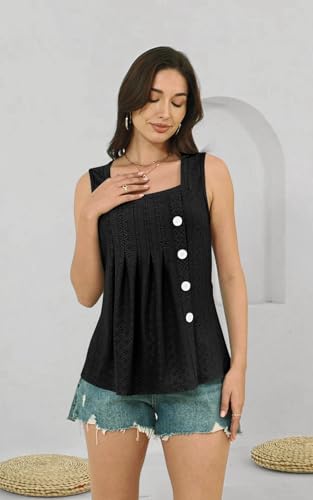 Disamer Tank Tops for Women 2025 Pleated Summer Tops Button Down Loose Fit Sleeveless Square Neck T Shirts3