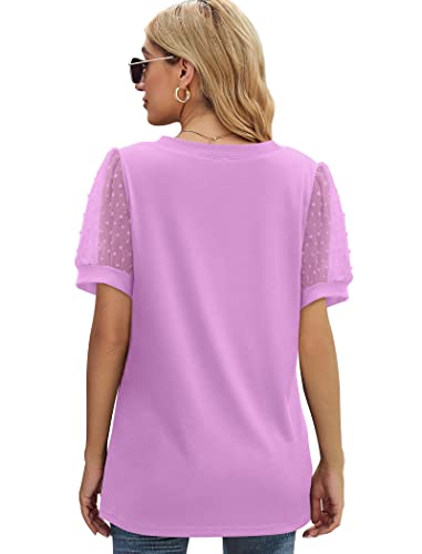 Image of Aokosor Womens Summer Tops V Neck T Shirts Swiss Dot Puff Sleeve Tops Loose Casual Tshirts