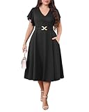 Pinup Fashion Women Plus Size Dresses Wedding Guest Black Cocktail Semi Formal Wrap Short Sleeve Buckle Belt Pockets A-Line Midi Dress