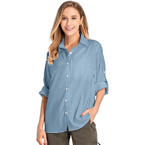 mosingle Women's Long Sleeve Shirts Quick Dry Button Up Blouses UPF 50+ Sun Protection Outdoor Hiking Travel #5019-Blue-M Cover