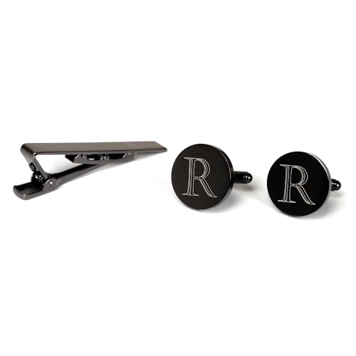 Image of Mens Initial Cufflinks and Tie Clip A-Z Alphabet Letter Black Stainless Cuff Links Tie Bar with Engraved Walnut Wood Box Groom Groomsman Wedding Set