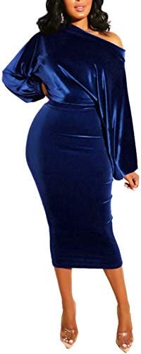 Salimdy Women's One Off Shoulder Midi Dress Long Sleeve Velvet Sexy Bodycon Party Pencil Dress Blue XL