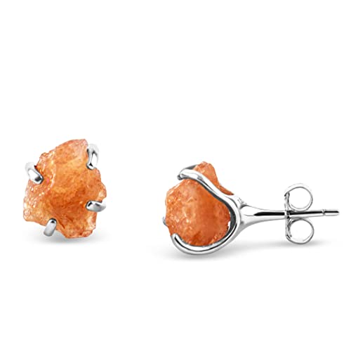 Natural raw sunstone stud earrings with white gold over 925 sterling silver, 6 to 7mm rough genuine quality birthstone gift for her, Uniquelan Jewelry (Sunstone)