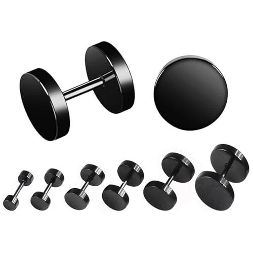 ZALIZR Black Stainless Steel Stud Earrings Set - 6 Pcs 5mm-10mm Ear Piercing Plugs, Unisex Flat Top Round Studs for Men, Women, Girls.