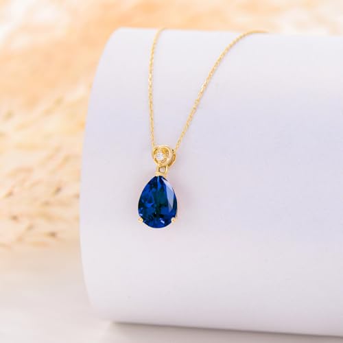 14k Gold Pear Gemstone Birthstone Necklace with Real Diamond(I2-I3 Clarity),2 Carat Teardrop Created Birthstone Anniversary Birthday Mother's Day Necklaces for Women Mom Her2