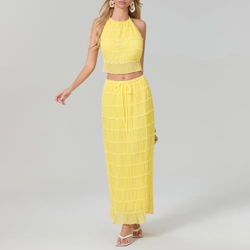 Image of Women Y2K Skirt Set Outfits Strapless Crop Top Bodycon Midi Skirt Dress Sexy 2 Piece Knit Outfits Skirt Summer