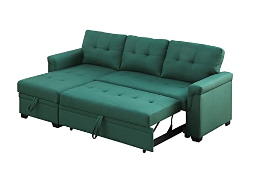Eafurn 84'' Reversible Sectional Sofa Pull-Out Sleeper Bed, Line Fabric L-Shape 3-Seater Convertible Corner Sofa & Couches With Storage Chaise,Button Tufted Couch For Living Room, Green #TOP3