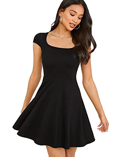 GORGLITTER Women's Scoop Neck Mini Dress with Short Cap Sleeve, High Waist, Ruffle Hem, A Line Swing Style - Summer Casual, Party, Travel, Black, XL