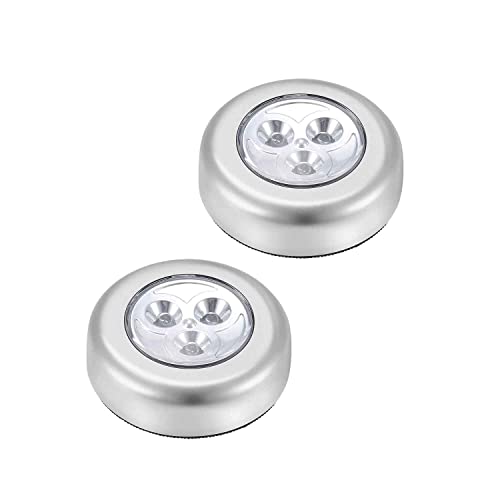 LED Battery-Powered Wireless Night Light Tap Touch Lamp Self Adhesive Push Button for Closets Cabinets Counters or Utility Rooms Cordless Puck Shape Batteries Not Included (2 Pack Push Lights)