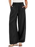 ANRABESS Women's Wide Leg Linen Pants Summer Boho Casual Elastic Waist Long Lounge Travel Pants Trousers with Pockets Black Large