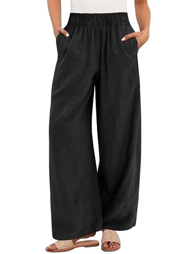 ANRABESS Women's Wide Leg Linen Pants Summer Boho Casual Elastic Waist Long Lounge Travel Pants Trousers with Pockets Black XX-Large