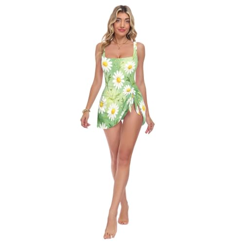 Maillot de bain une pièce motif chrysanthème tankini jupe amovible femme