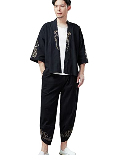 Ystylee Men's 2 Piece Set Kimono Cardigan Suit Chinese Style Embroidered Hanfu Jacket Pants Set Open Front Top & Shorts2
