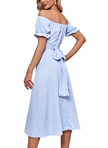 Image of LYANER Women's Off Shoulder Wrap Ruffle Puff Short Sleeve Ruched Tie Back Dress