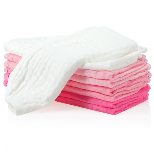 Preboun 8 Count Muslin Burp Cloths 100% Cotton 10 x 20 Inch 4 Layers Anti-shrink Newborn Hand Washcloths for Baby Absorbent and Soft Burp Rags for Boys Girls Infant Essentials Gifts(Light Pink Series)4