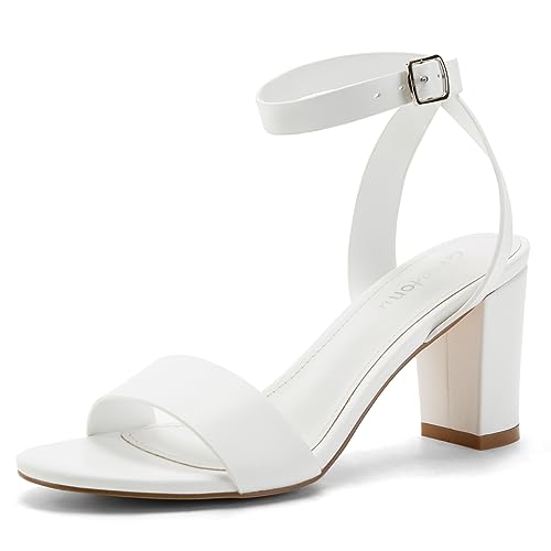 Greatonu White Heels For Women Chunky Block Heels Sandals Open Toe Ankel Strap 3 inches Women's Heel Sandal 9 US