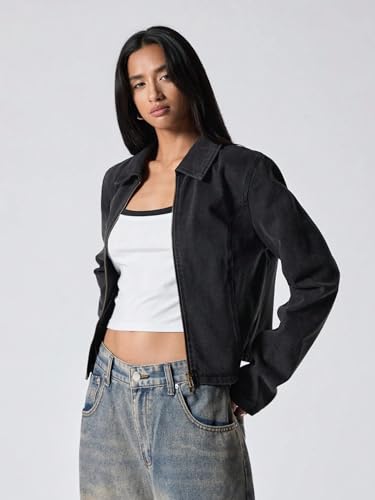 Chic Dark Grey Women's Crop Denim Jacket - Perfect for Fall & Winter! (X-Small) - Image 3