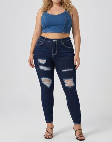 Image of roswear Women's Essentials Ripped Mid Rise Destroyed Skinny Jeans