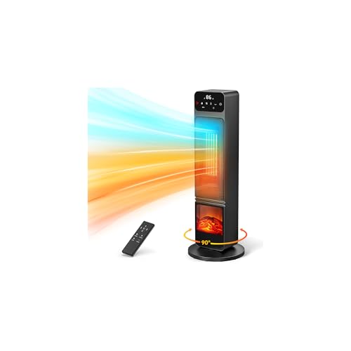 Tower Fan and Heater Combo, 1500W PTC Electric Fireplace Heater W/ 3D Flame, 90° Oscillation Space Heater Fan Combo for Indoor Use, Child Lock & Eco Mode, 12h Timer, Remote Control, Home & Office