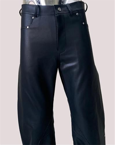 Men's Black Coating Pu Leather Twisted High Waist Rivet Punk Style Rock Fashion Slim Fit Trousers2