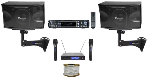 2 Rockville KPS80 Karaoke Speakers+Bluetooth Amp+Wall Brackets+2 Wireless Mics + Rockville R14GSBR100 Red/Blk 14 Gauge 100' Ft. Mini Spool Car Audio Speaker Wire