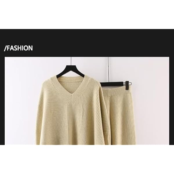 DUOTCYELE Set Completo Maglione Lavorato A Maglia Da Donna - Set Casual Lavorato A Maglia Elasticità Caldo Sciolto Due Pezzi Mantieni Vintage Top Con Scollo A V Spesso E Orlo Irregolare, Pantaloni