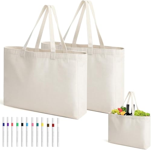 ZMDMAH 2 bolsas grandes de tela de 45 × 35 × 8 cm, bolsa de yute sin estampado, bolsa de tela de algodón con 12 lápices de pintura, reutilizables, bolsas de tela para pintar, manualidades, compras