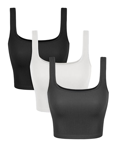 Image of ODODOS 3-Pack Seamless Square Neck Crop Tank for Women Ribbed Knit Soft Low Back Cropped Tops