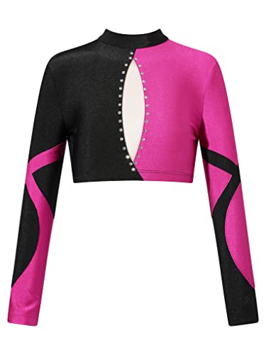 JanJean Kids Girls Long Sleeve Shiny Rhinestone Dance Crop Top for Hip Hop Jazz Streetwear Performance Show Hot Pink 6 Years