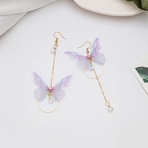 Temperament Long Butterfly Chain Tassel Drop Dangle Earrings For Women Asymmetric Butterfly Pearl Circle Pendants Earrings For Girls Colored Tulle Butterfly Wings Earrings (Butterfly-1) #TOP4