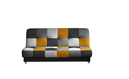 E-MEUBLES Canapé en lit Convertible avec Coffre de Rangement 3 Places Relax - en Tissu -Kaya (Noir, Gris, Gris Clair Jaune (Soro 100+93+83+40)) Patchwork, Banquette, clic-clac
