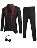 COOFANDY Men's Slim Fit 3 Piece Suit, One Button Solid Tuxedo Jacket Vest Pants Set with Tie Black/Red