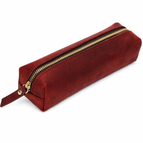 Image of ECHSRT Small Genuine Leather Pencil Pouch for Adults, Red | Crazy Horse Leather Finish, Compact Writing Instrument Storage