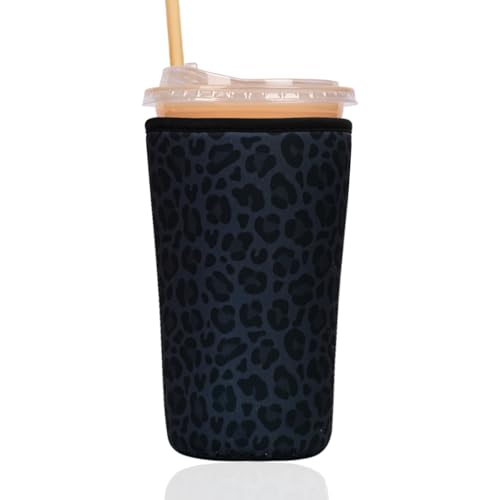 Image of Reusable Insulated Sleeve for Iced Coffee Cup, Coffee Neoprene Sleeve for Cold & Hot Drinks, Beverage Holder for Iced Coffee (Charcoal Leopard, Large: 32oz)