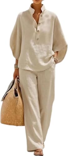 two piece sets for women Womens summer linen two-piece set casual shirt and wide-leg trousers suit