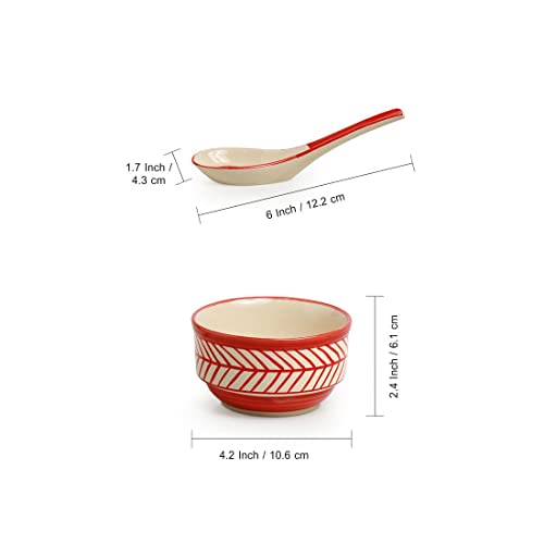 Image of ExclusiveLane 'Red Chevrons' Handcrafted Ceramic Soup Bowl with Spoon /Soup Cups (Set of 2, 250 ML, Microwave Safe & Dishwasher Safe) - Soup Bowl Set with Spoon