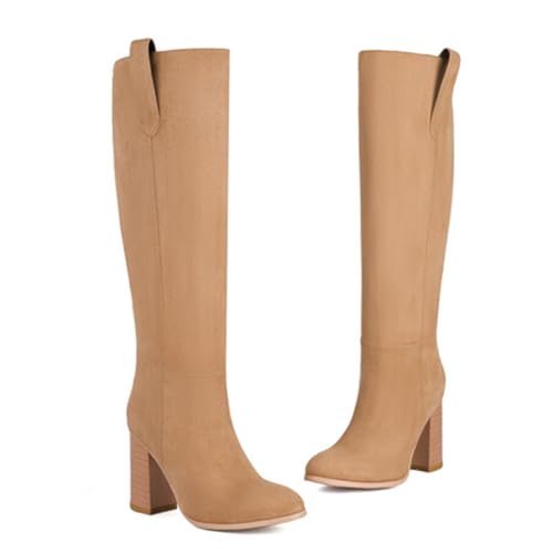 AIJIVOU Women's Knee High Boots Chunky High Heels Classic Suede Mid Calf Boots with Chain Round Toe Pull On Fashion Buckles Dressy Boot Sexy Boot2